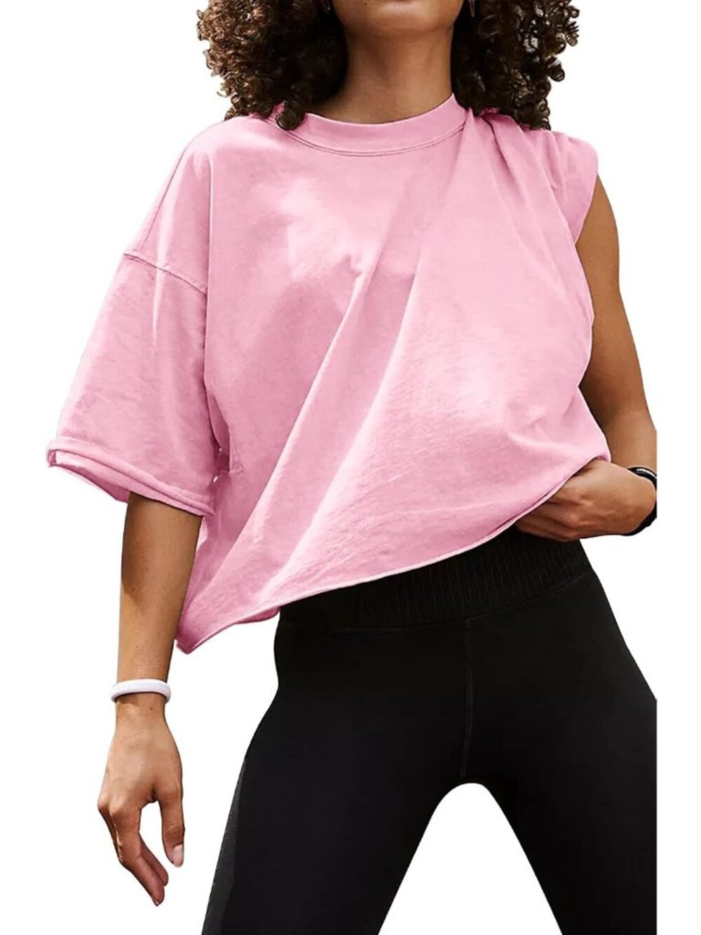 Women's Pink Crew Neck Short Sleeve Crop Tops Casual Pull On Basic Tees Shirts